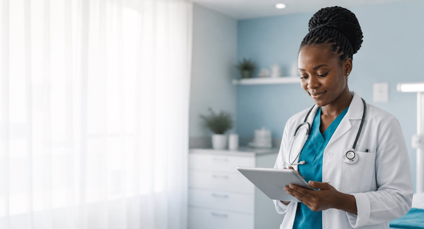 A health care provider using a tablet in her clinic