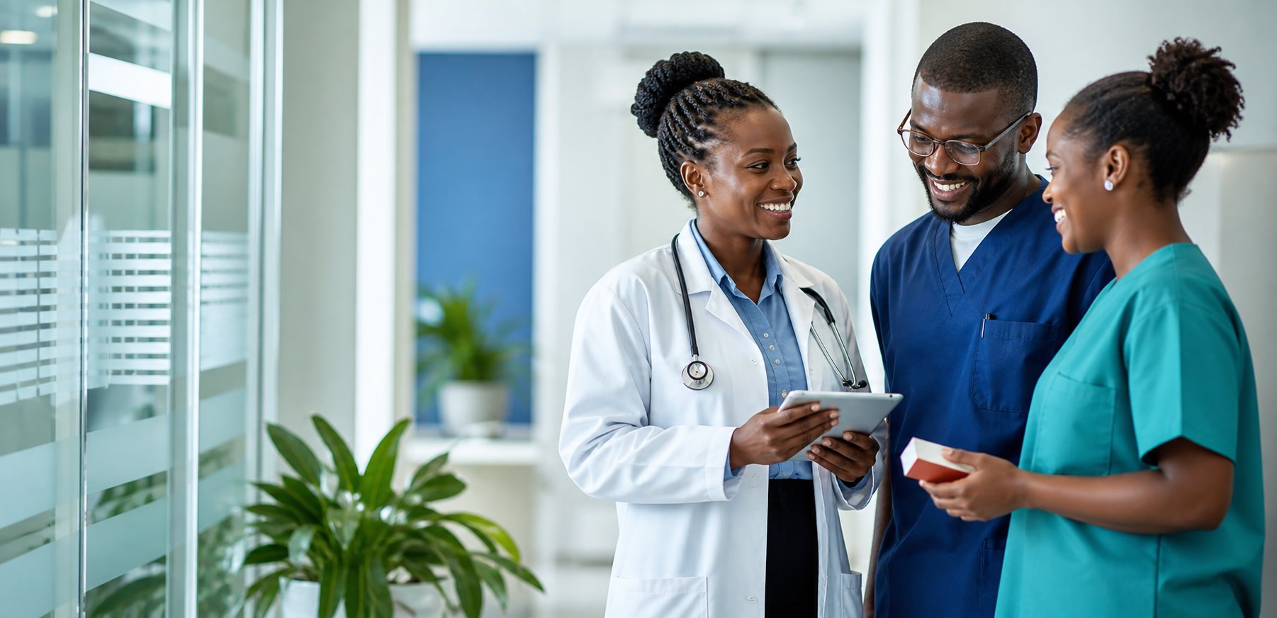 A doctor, nurse and pharmacist working together